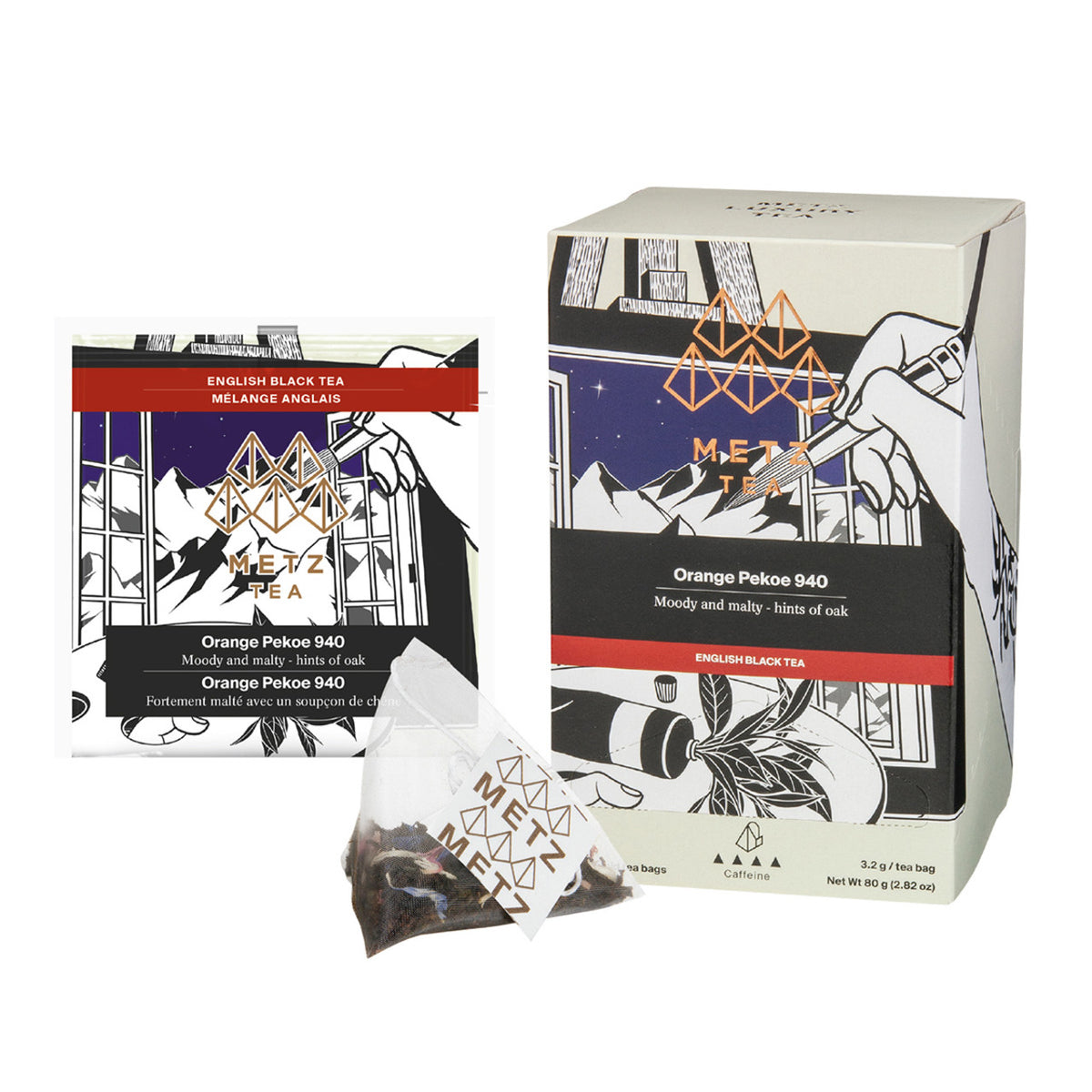 Metz Tea packaging including a box, tea bag, and packaging with artistic design.