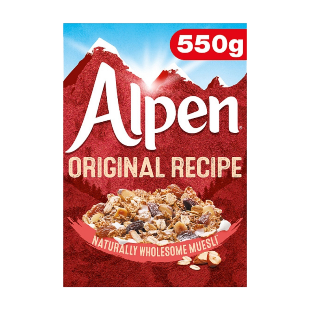 Alpen muesli package with a red background and mountain graphic