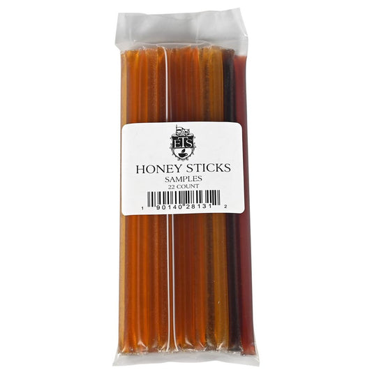 Pack of honey sticks with a label on a white background