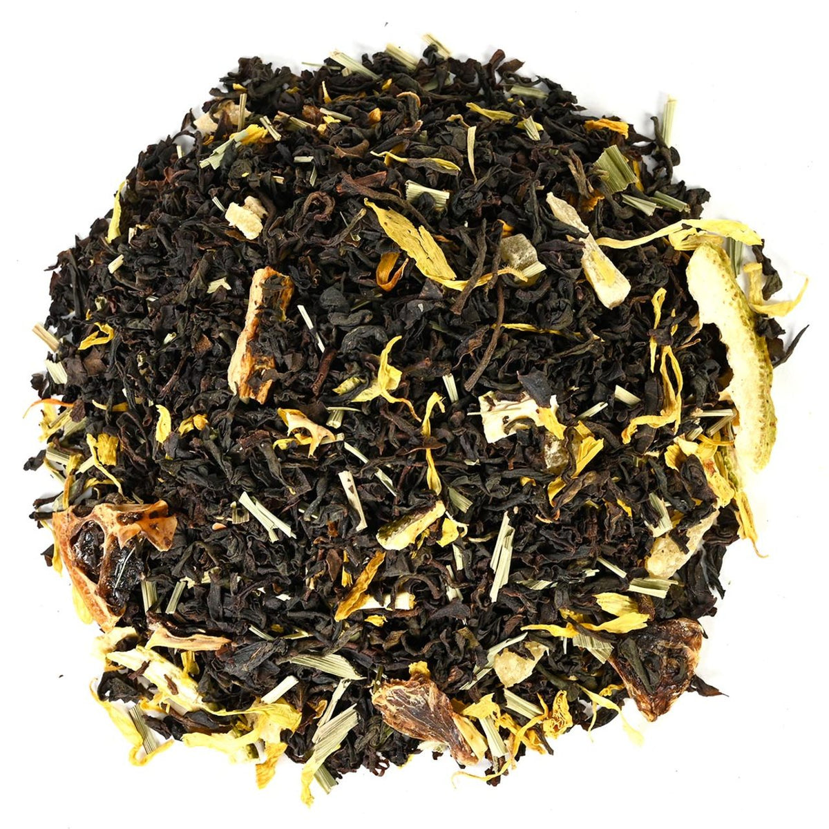 Loose-leaf black tea blend mixed with yellow marigold petals