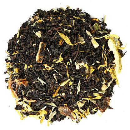 Loose-leaf black tea blend mixed with yellow marigold petals