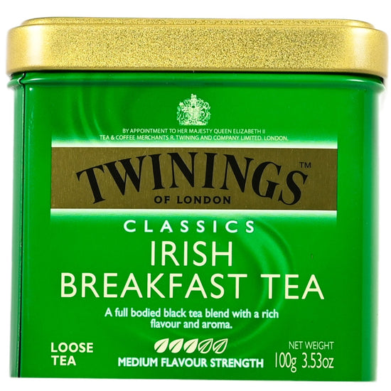 Green tin of Twinings Irish Breakfast Tea with gold lid