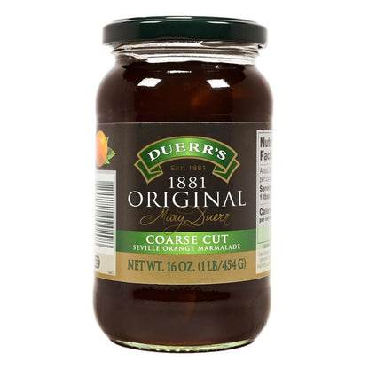 A jar of Duerr's 1881 Original Coarse Cut Seville Orange Marmalade featuring brown and green label and white text.