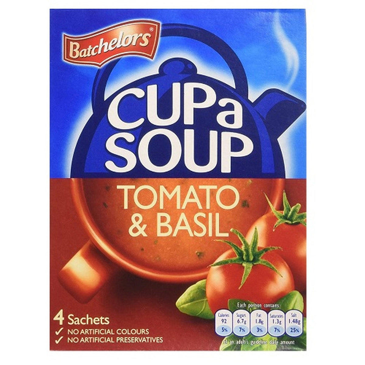 Batchelors Cup a Soup Tomato & Basil packet on a white background