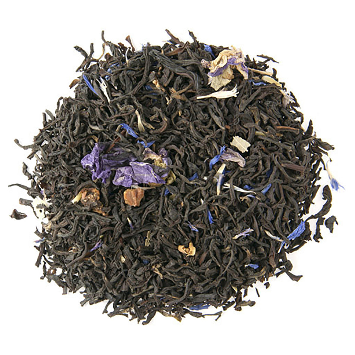 Loose leaf black tea with pieces of dried apple and colorful dried petals scattered throughout.
