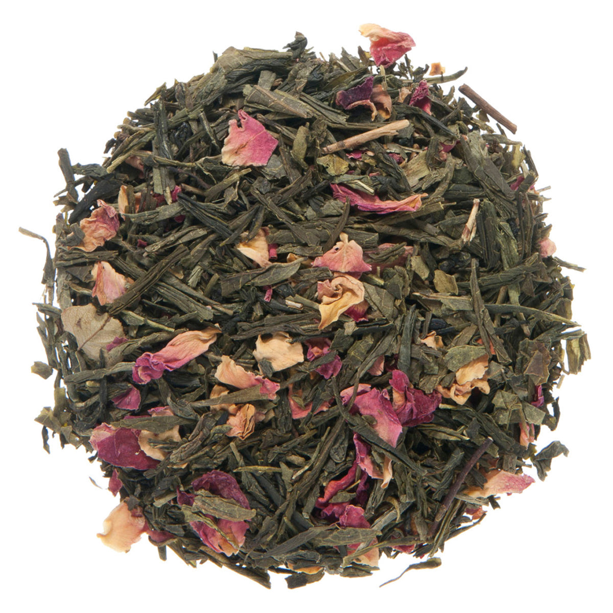 Tea leaves with pink and orange petals on a white background