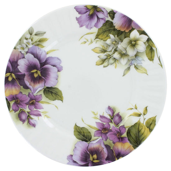 Decorative bone china plate with purple and white floral design on a white background
