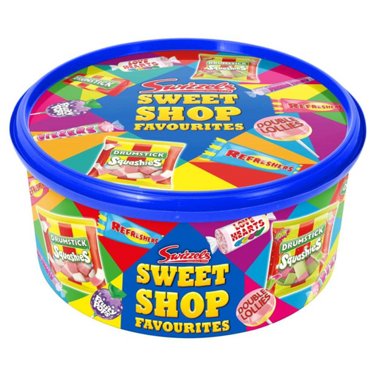 Swizzles Sweet Shop Favourites candy tin with colorful packaging on a white background