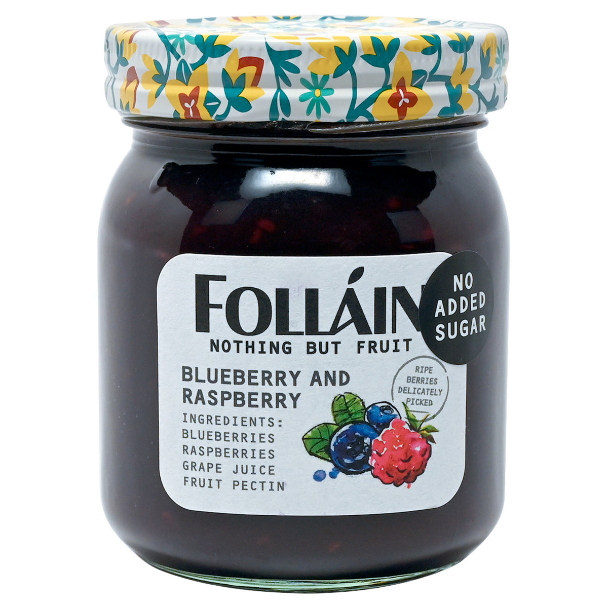 Jar of Folláin blueberry and raspberry jam with a floral lid on a white background