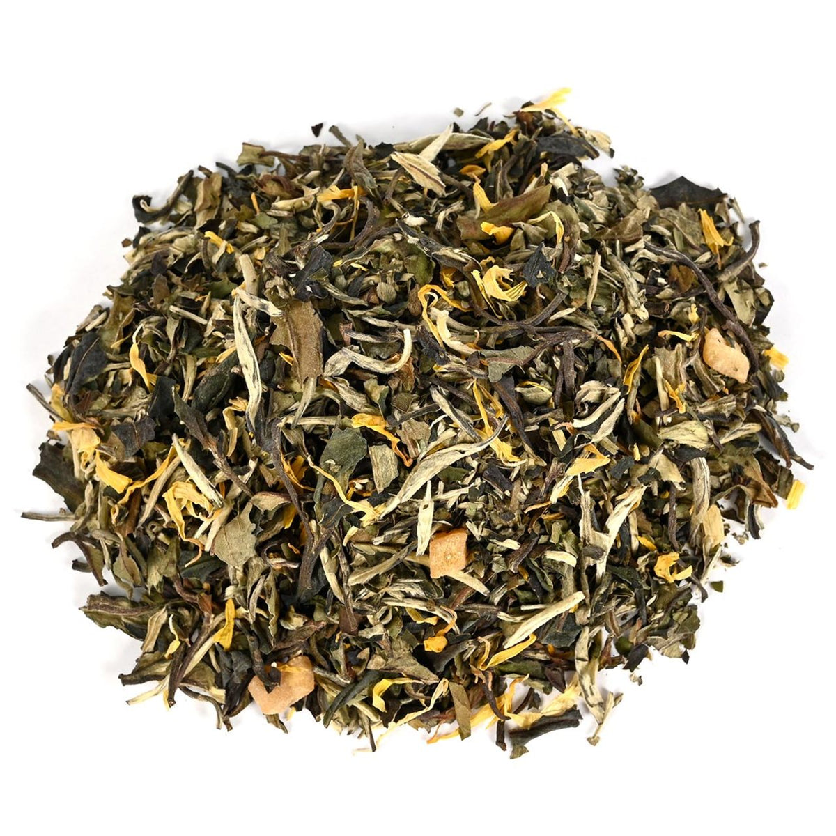 Dry tea leaves on a white background