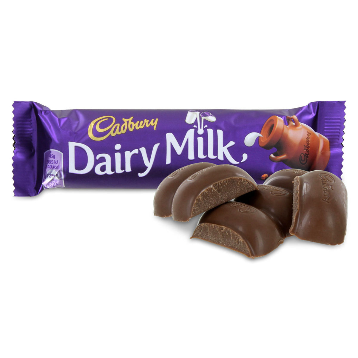 Cadbury Dairy Milk chocolate bar with purple packaging on a white background