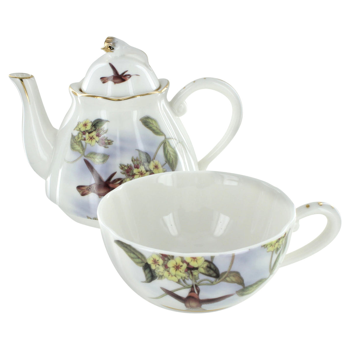 Porcelain teapot and teacup set with floral and bird design on a white background