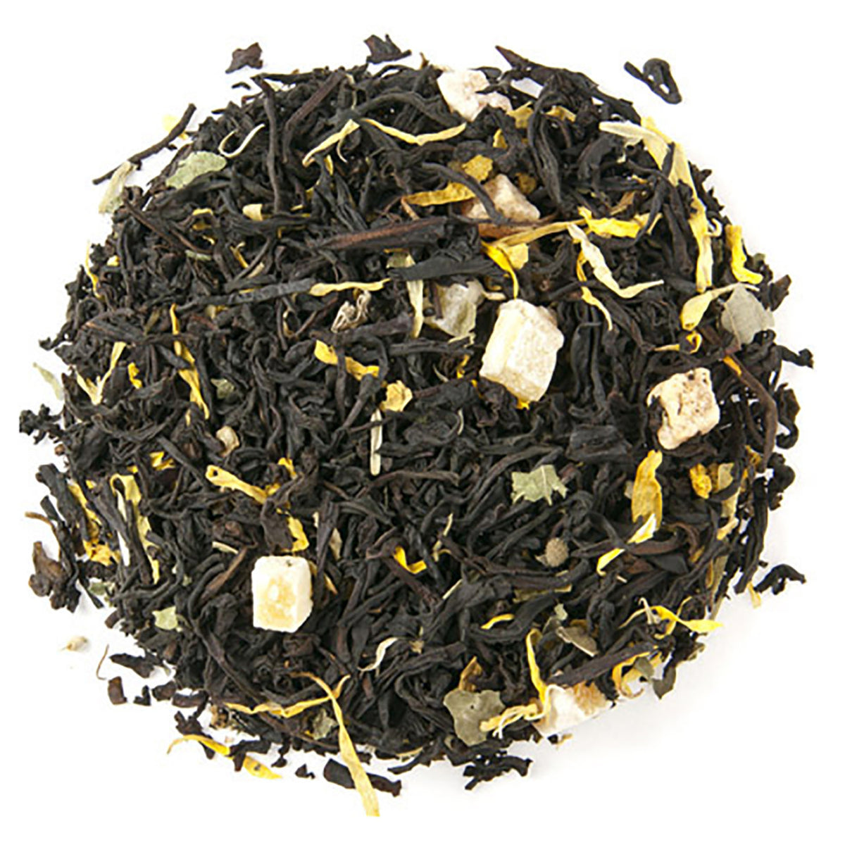 Tea ball with black tea leaves, yellow flowers, and dried fruit pieces on a white background