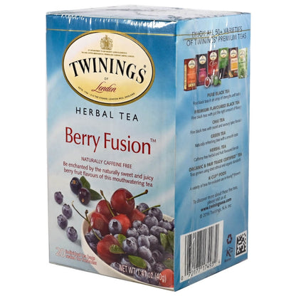Packaging of Twinings Berry Fusion Herbal Tea, showing the box with the brand logo, product name, and images of various berries and tea leaves.