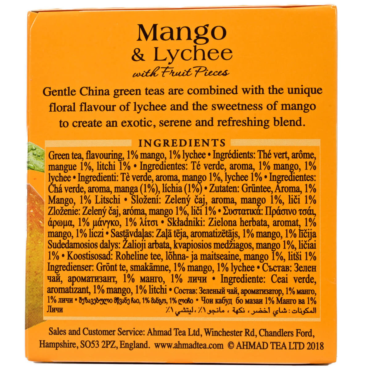 Ingredients listing from the side of a package of Ahmad Tea Mango and Lychee green tea.