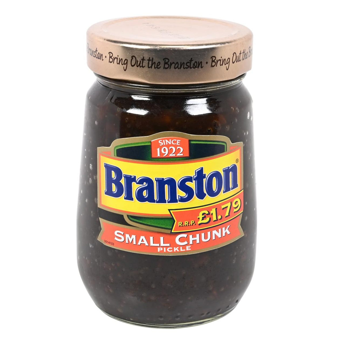 Jar of Branston Pickle with visible branding on a white background