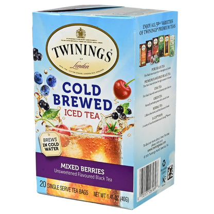Twinings Cold Brewed Iced Tea packaging with mixed berries on a white background
