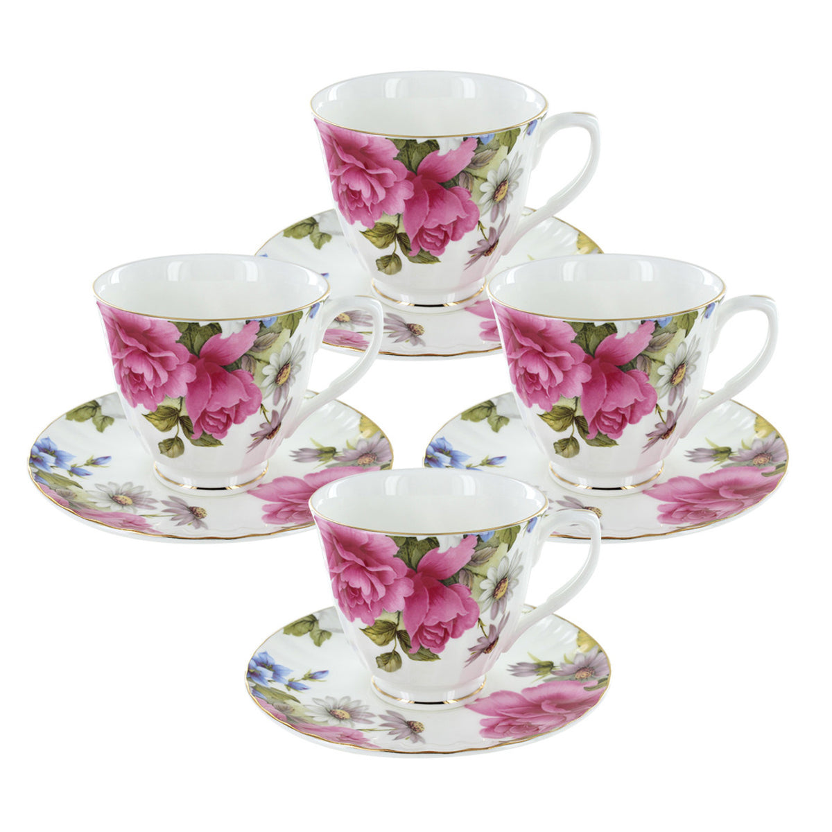 Set of four floral teacups and saucers on a white background
