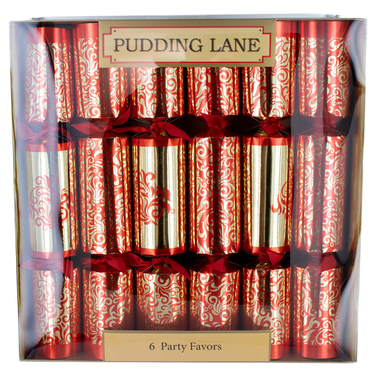 Pack of six Pudding Lane Christmas crackers with red and gold design, displayed in packaging.
