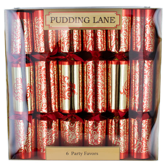 Pack of six Pudding Lane Christmas crackers with red and gold design, displayed in packaging.
