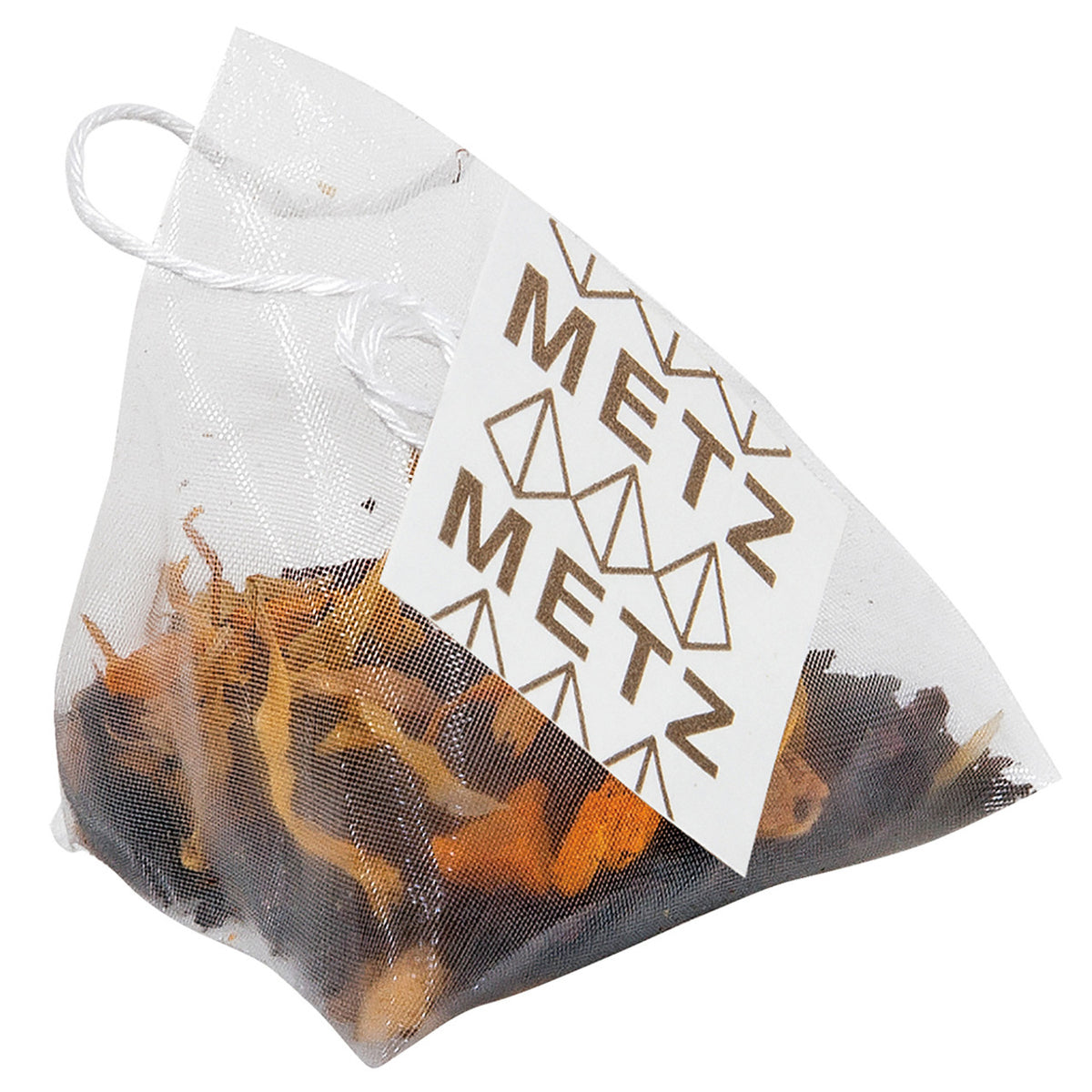 Tea bag with dried tea leaves labeled 'METZ' on a white background