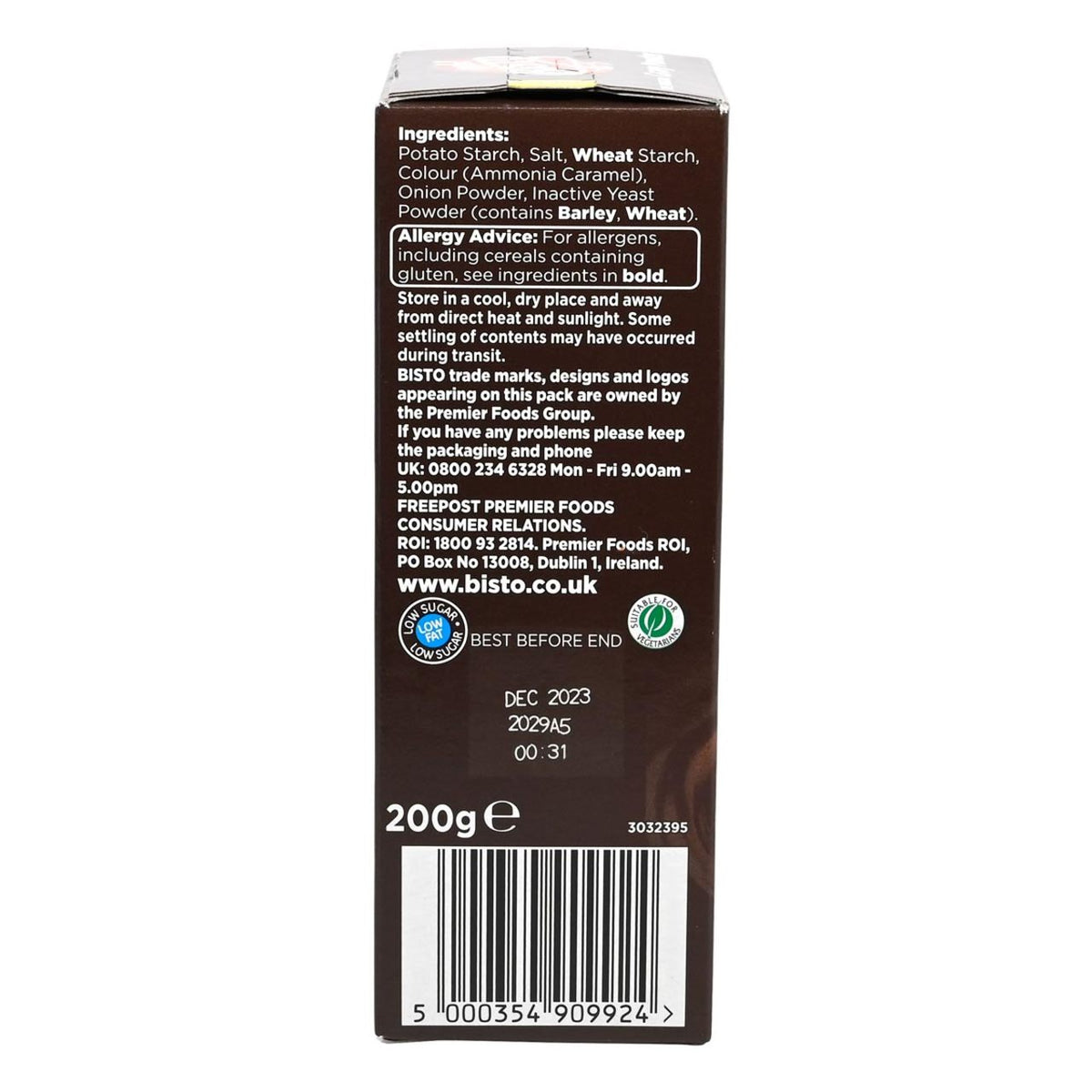 Back of a Bisto Gravy Powder packaging with ingredients list and contact information.