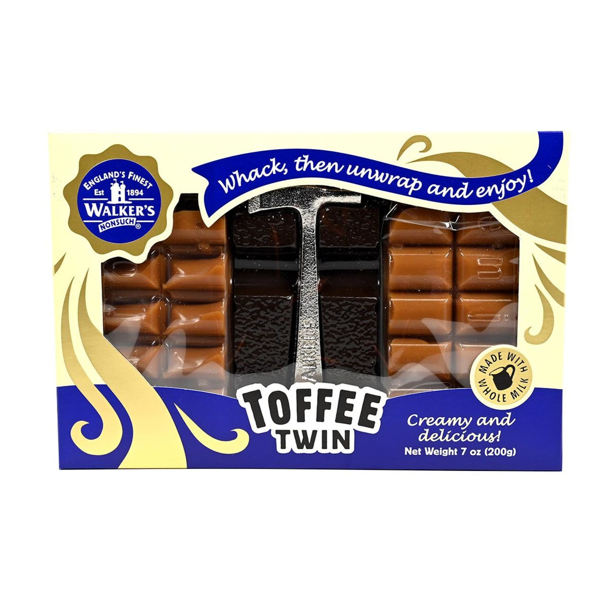 Packaged toffee twin treats with Walker's Chocolates branding on a white background