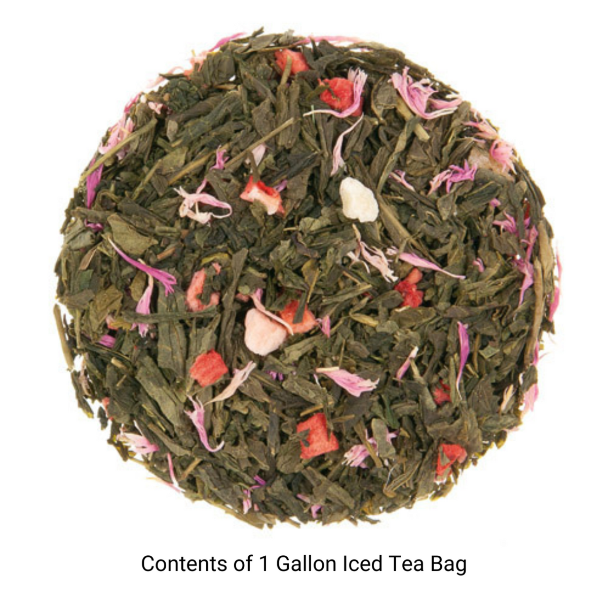 Circle pattern of green tea leaves with flower petals on a white background with text for "Contents of 1 Gallon iced tea bag"