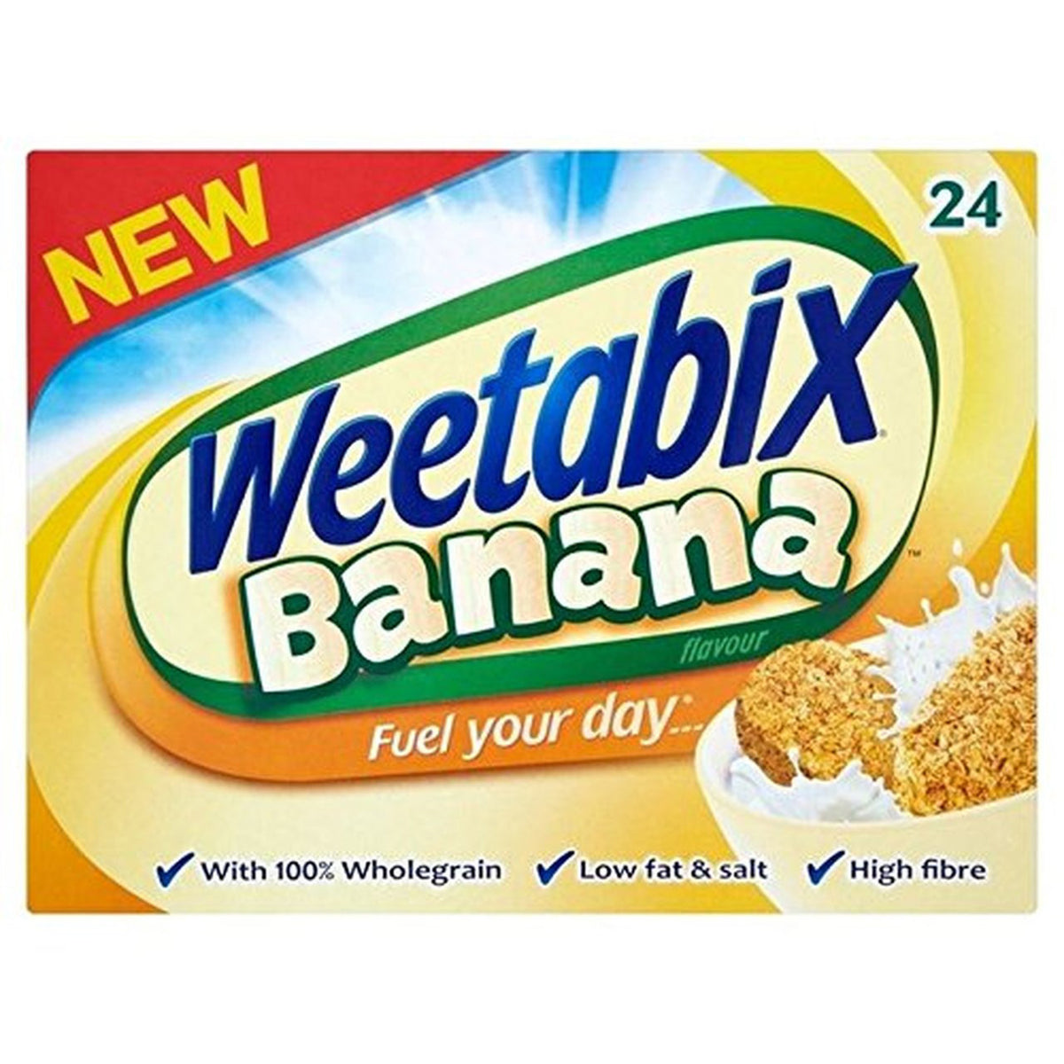 Box of Weetabix Banana flavor cereal with branding and product details.