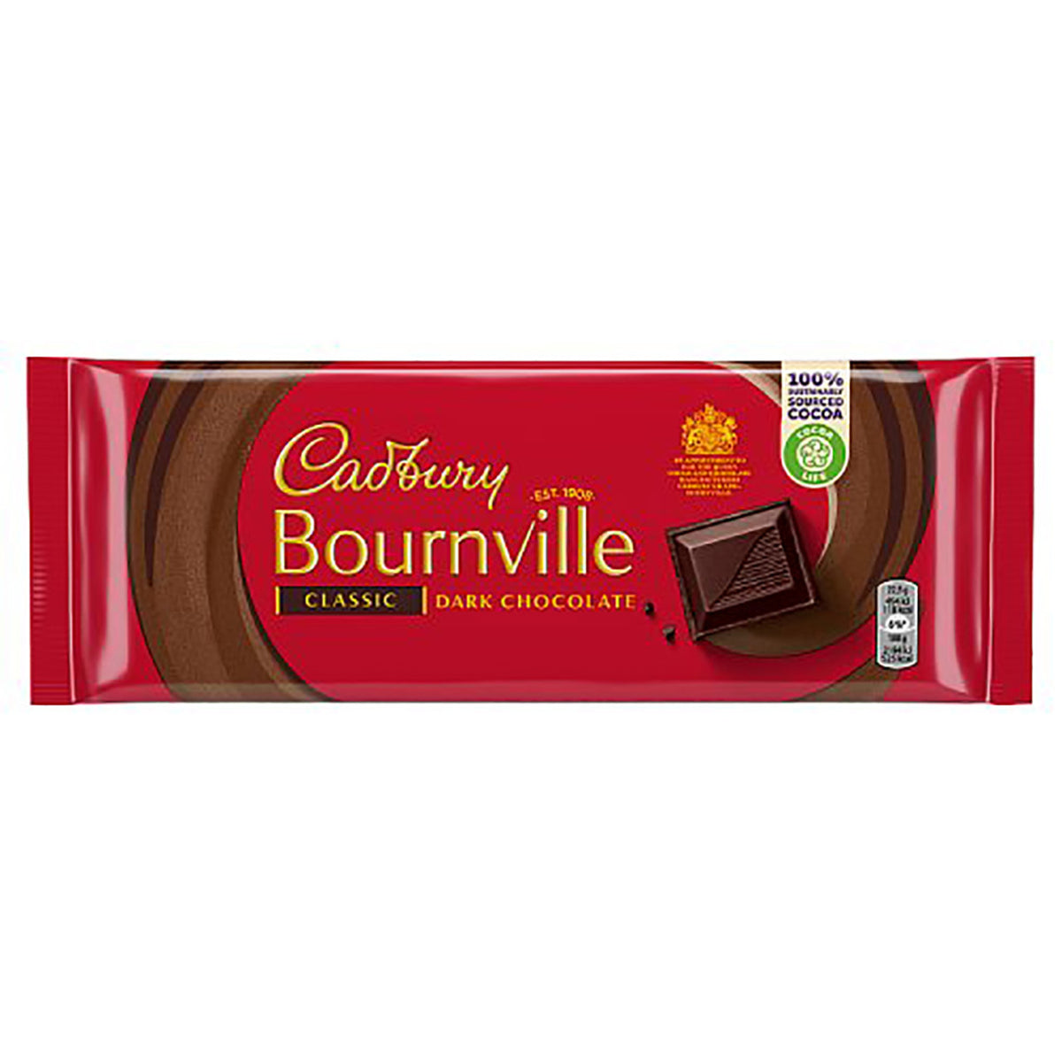 Cadbury Bournville Classic Dark Chocolate packaging on a white background