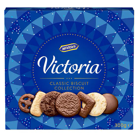 Box of McVitie's Victoria Classic Biscuit Collection with blue geometric design