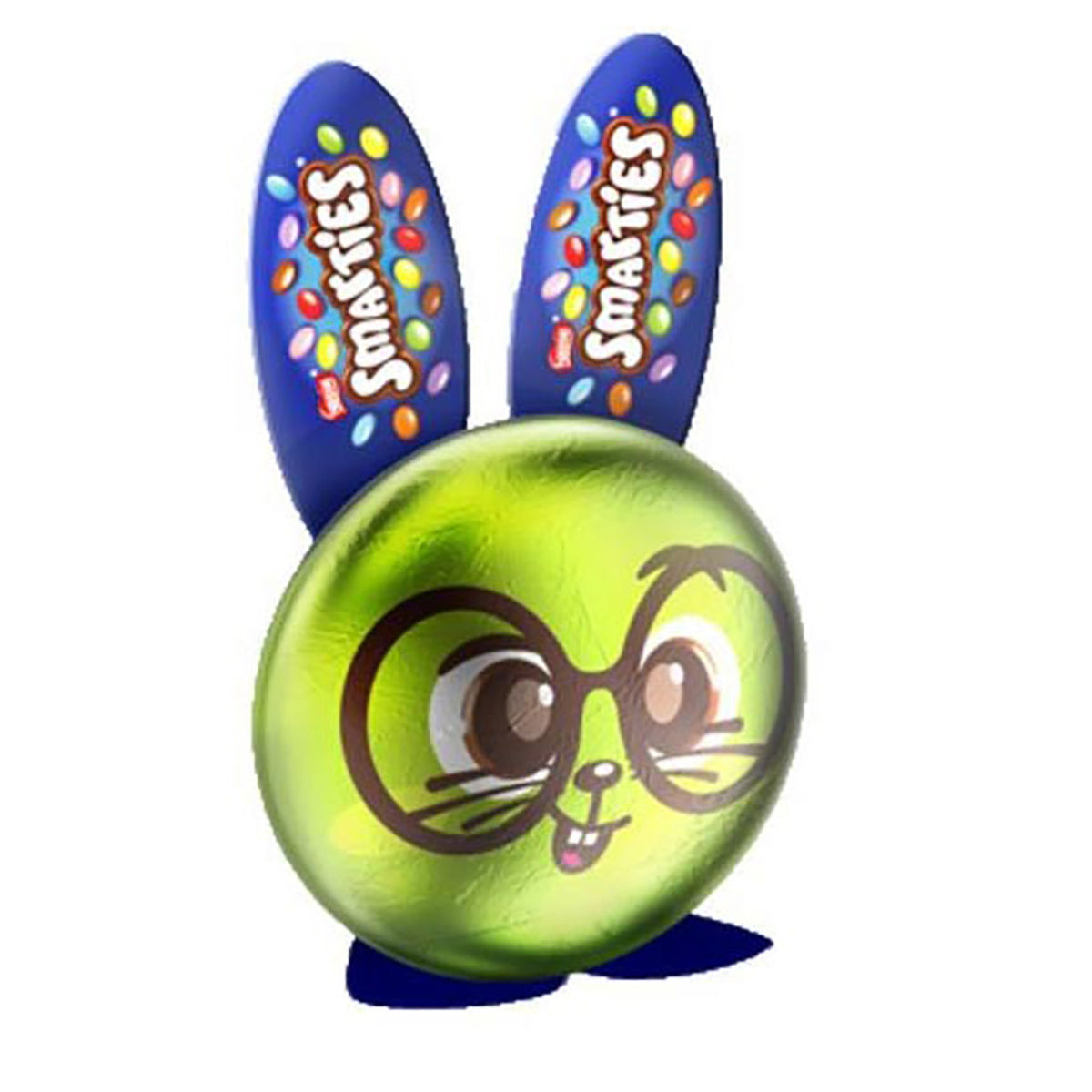 Candy package of chocolate smarties in shape of a bunny head with bunny ears