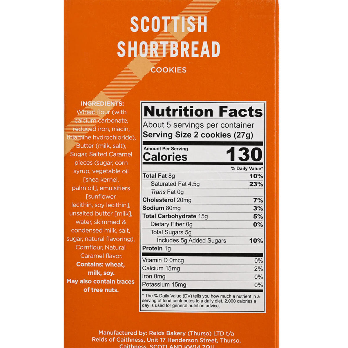 Box of Reids Scottish Shortbread Cookies with an orange checkered pattern on a white background with nutrition information