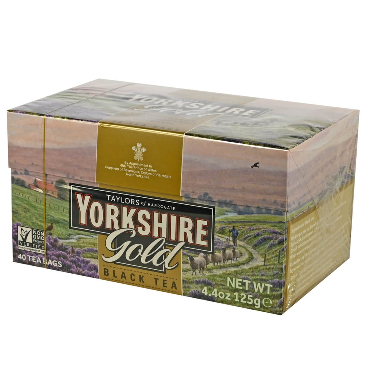 Box of Taylors of Harrogate Yorkshire Gold Black Tea on a white background