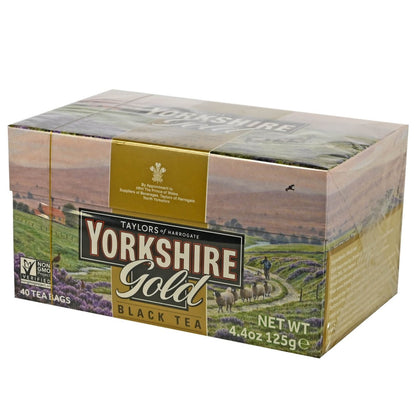 Box of Taylors of Harrogate Yorkshire Gold Black Tea on a white background