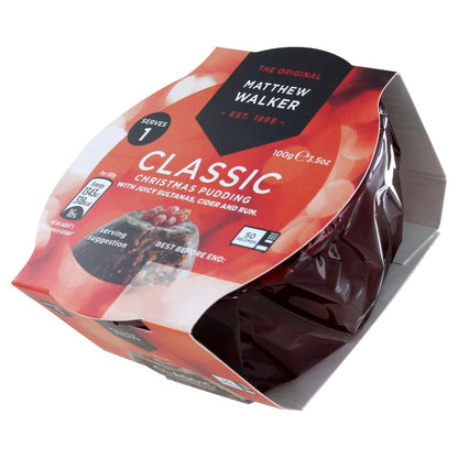 Packaged Christmas pudding with 'Matthew Walker' branding on a white background