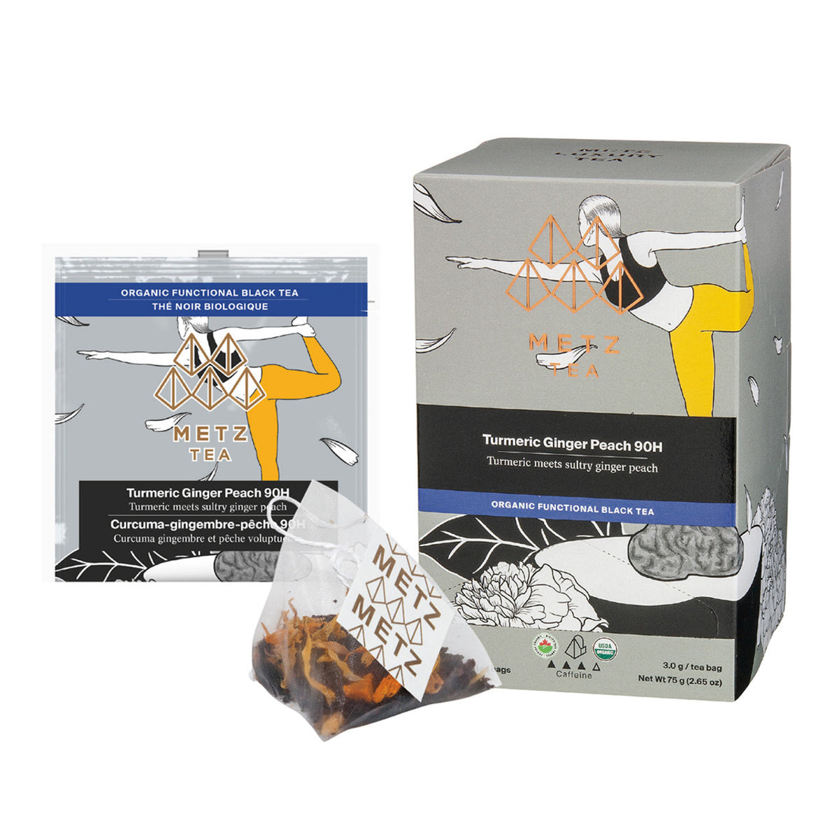 Metz Tea packaging including box, bags, and tea leaves on a white background