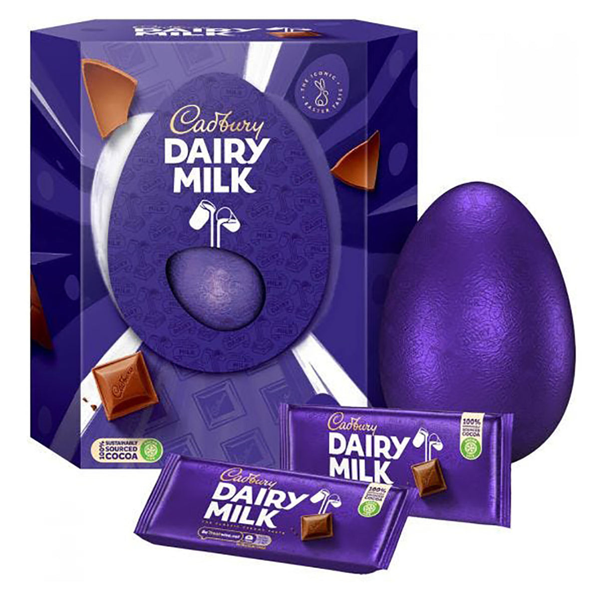 A purple box package for Cadbury Dairy Milke Egg with a purple foil covered egg outside the box and two bars of Cadbury Dairy Milk Chocolate bars in purple wrapping next to the box and egg.