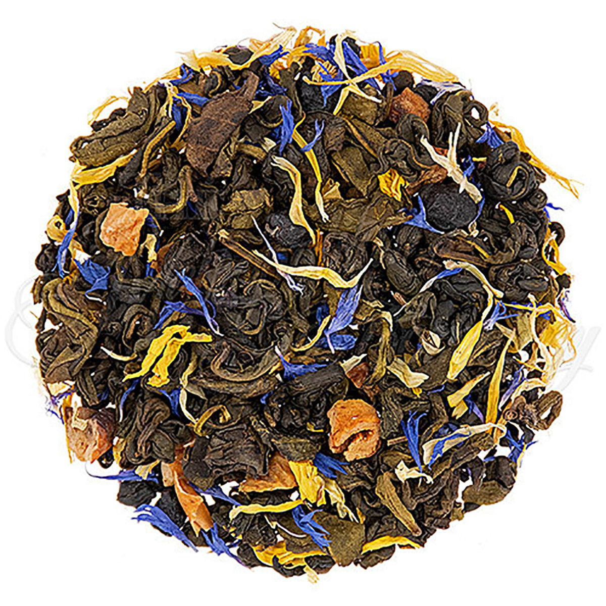 Tea ball with black, yellow, and blue tea leaves on a white background