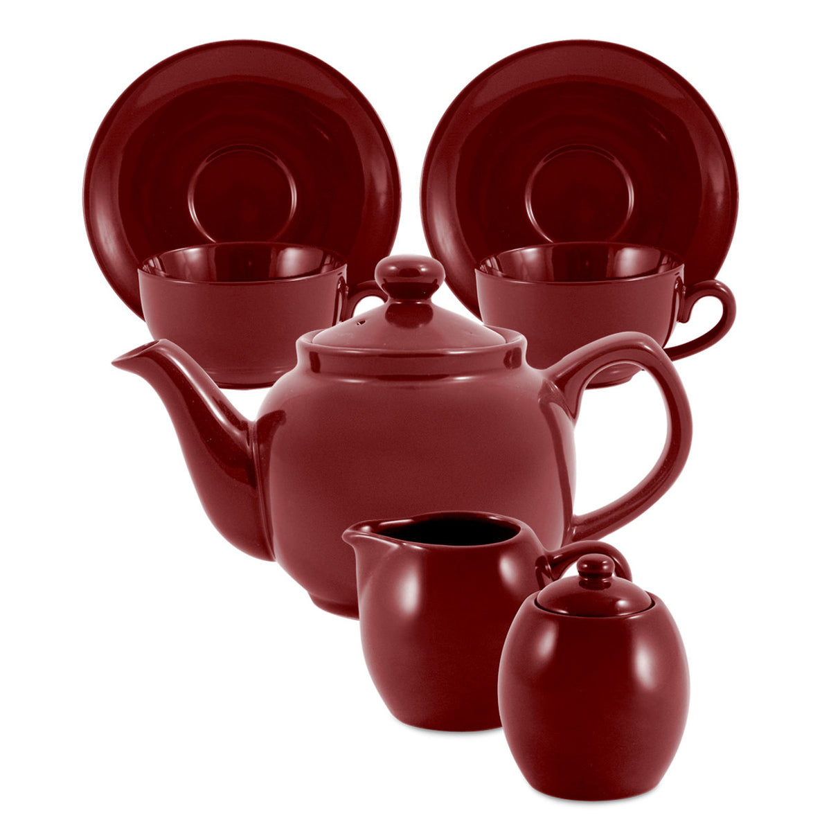 Red ceramic teapot set with teacups, saucers, and sugar bowl on a white background