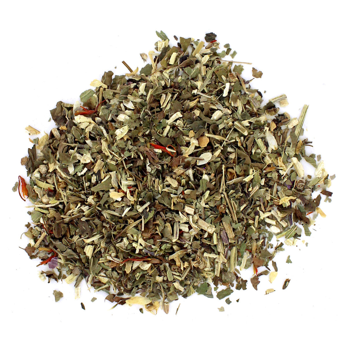 Heap of dried green tea leaves on a white background