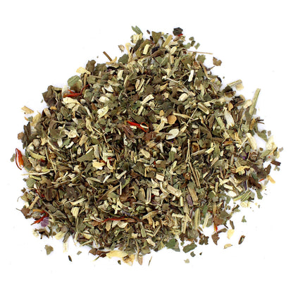 Heap of dried green tea leaves on a white background