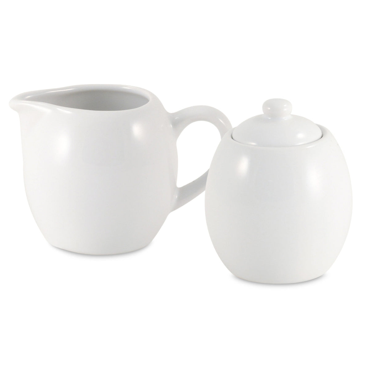 White ceramic creamer and sugar bowl set on a white background
