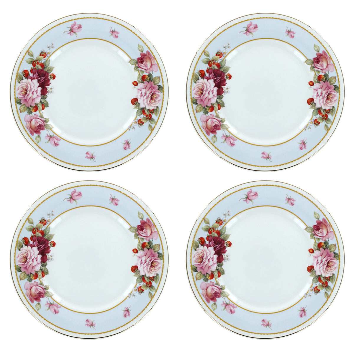 Four decorative bone china plates with floral designs on a white background
