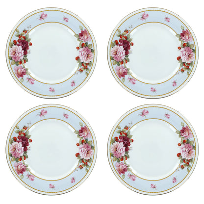Four decorative bone china plates with floral designs on a white background