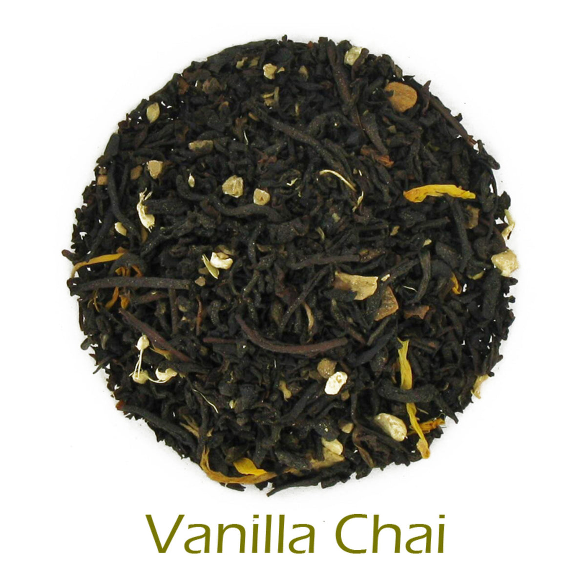Vanilla Chai black loose-leaf tea in a circular pattern on a white background with product name callout at the bottom