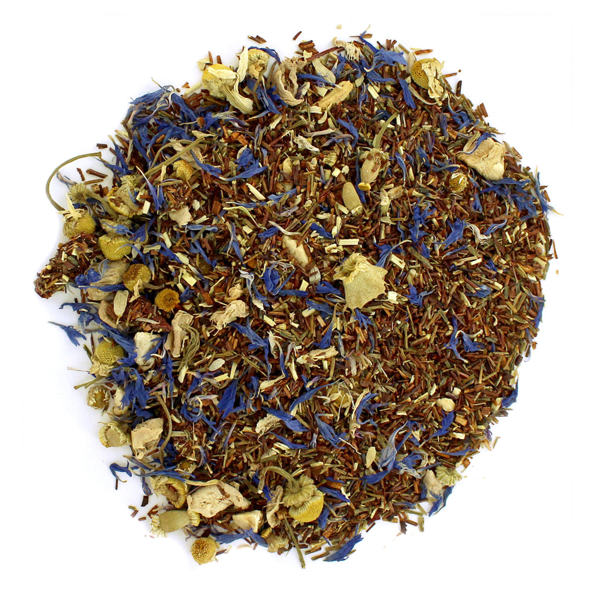 A mixture of dried tea leaves, apple pieces, and other herbal ingredients, loose leaf tea blend.
