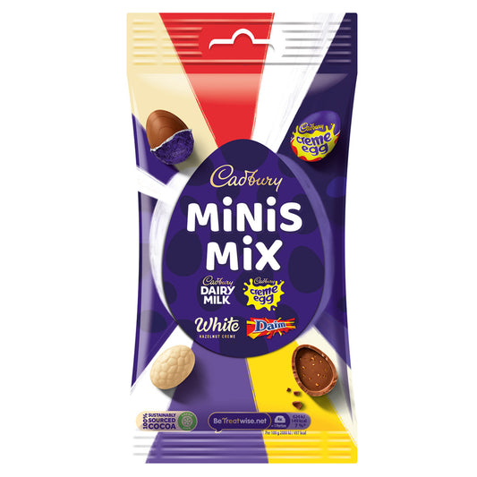 Cadbury Minis Mix packaging with Cadbury logos on a white background