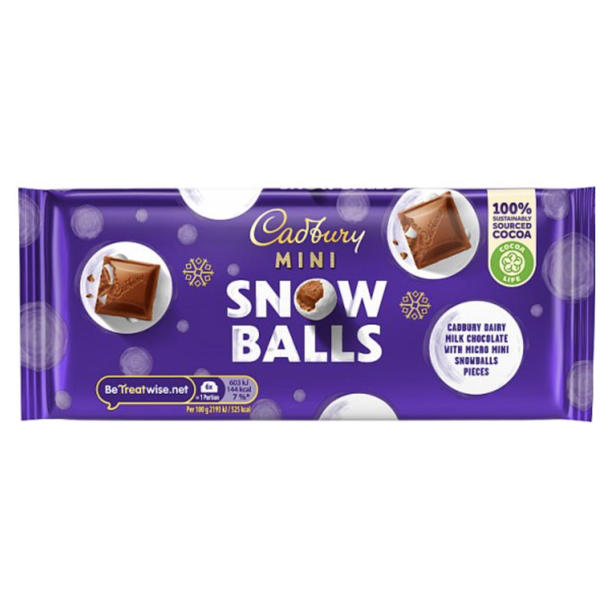 Cadbury Mini Snow Balls chocolate package on a white background