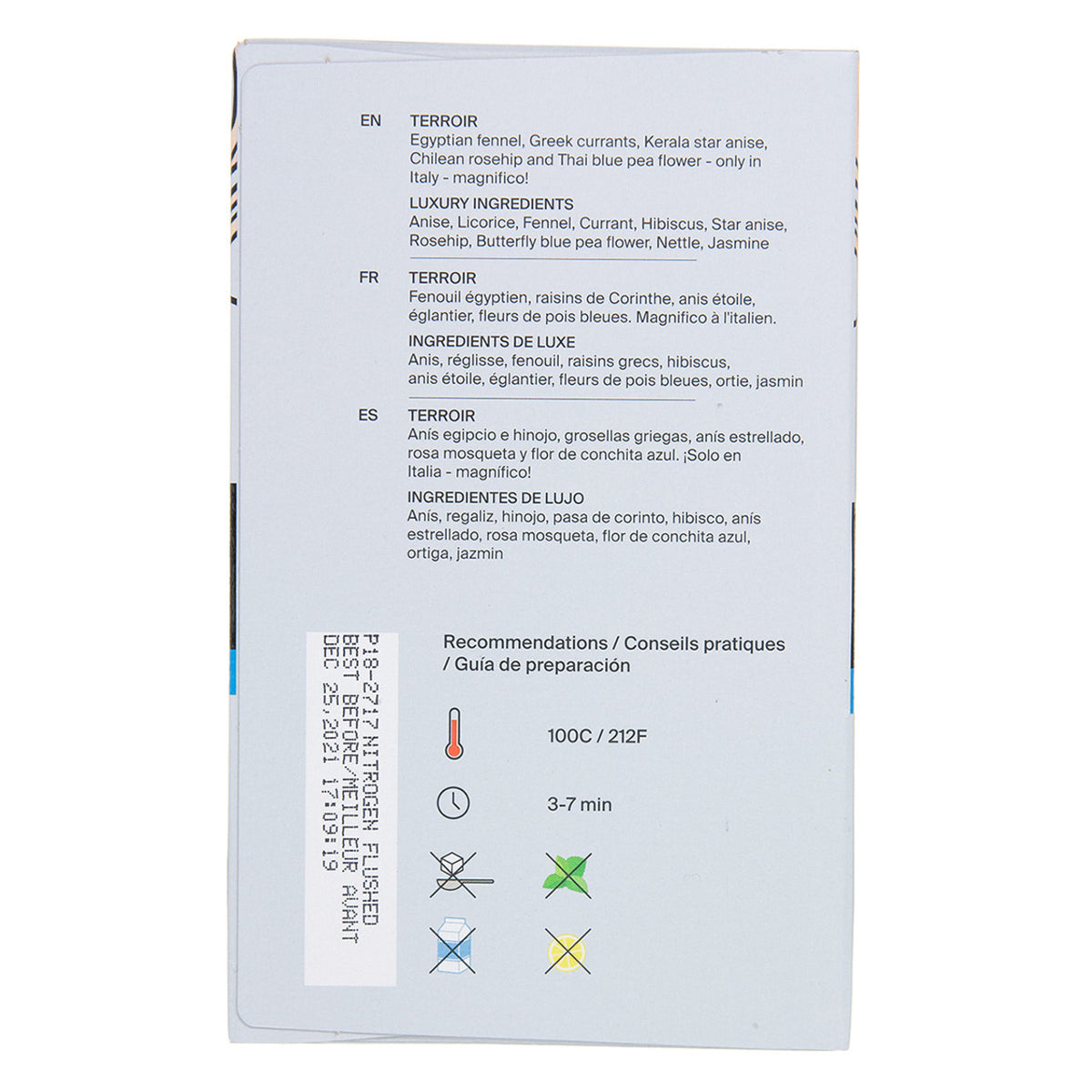 Bottom of a box of Metz tea featuring preparation guidelines.